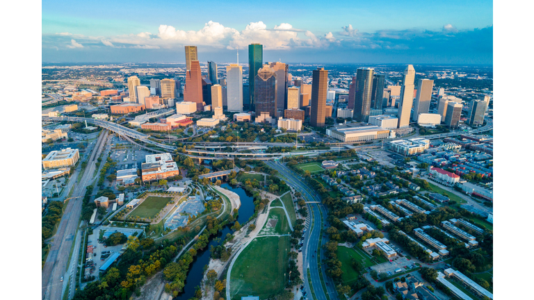 Aerial view of skyline downtown Houston and highway traffic at buffalo bayou park, Houston, Texas, USA
