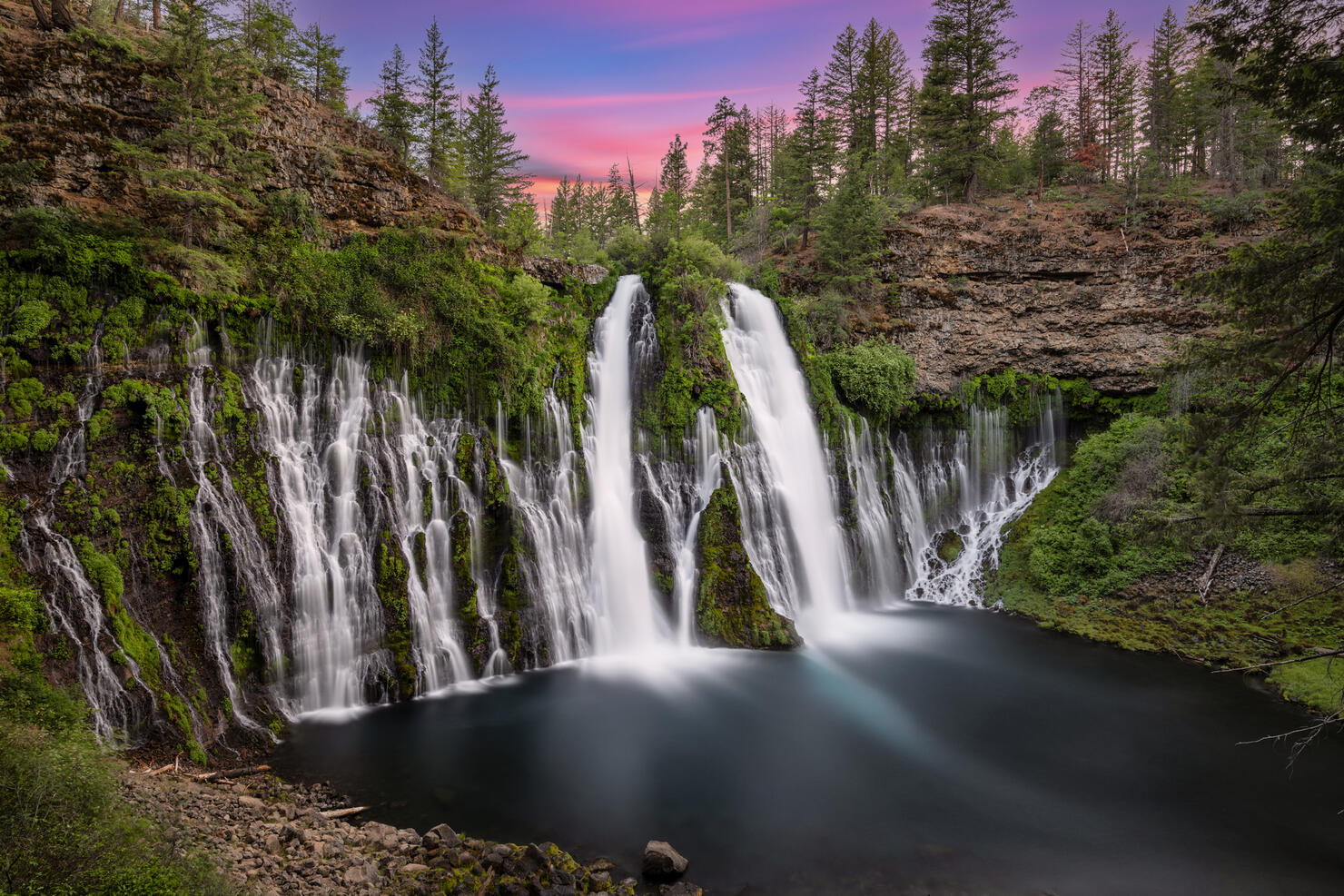 Scenic view of waterfall in forest,California,United States,USA