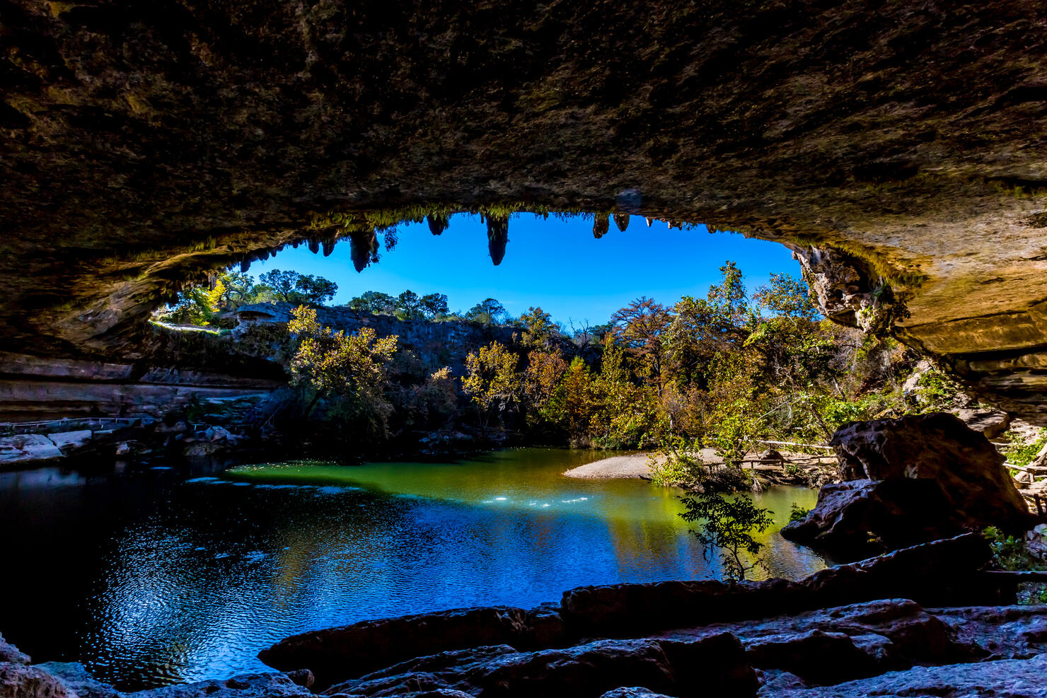 A View of Beautiful Hamilton Pool from Inside the Grotto, Texas.
