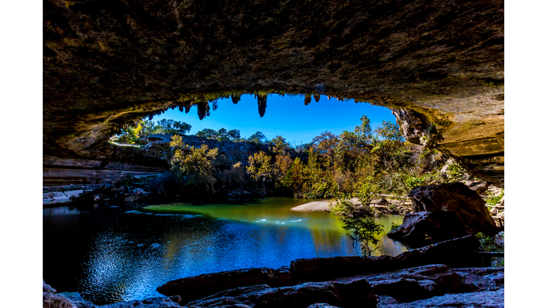 A View of Beautiful Hamilton Pool from Inside the Grotto, Texas.