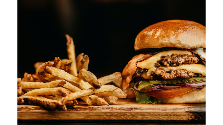 Close-up of burger on cutting board