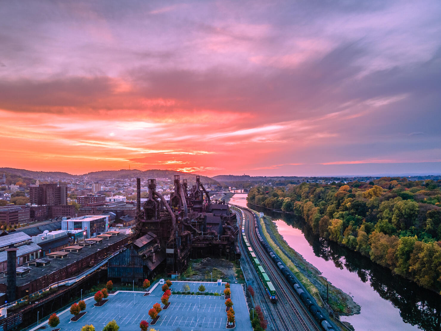 High angle view of buildings against sky during sunset,Bethlehem,Pennsylvania,United States,USA