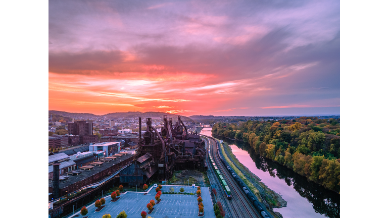 High angle view of buildings against sky during sunset,Bethlehem,Pennsylvania,United States,USA