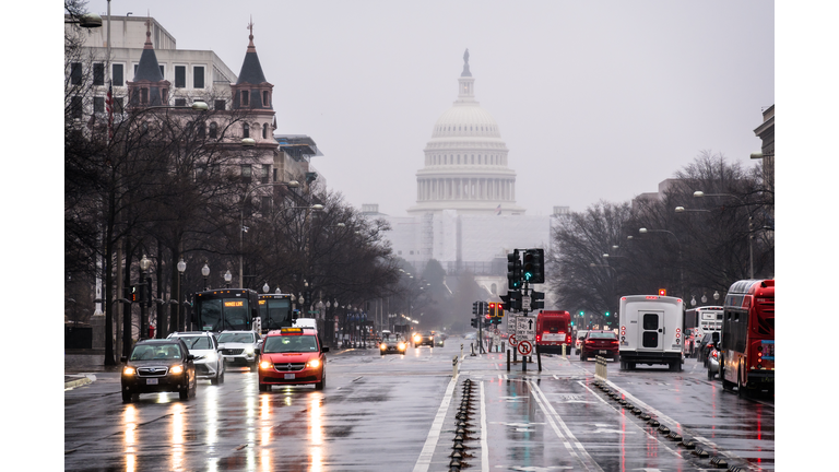 Rainy day on a street leading to the United States Capitol, Washington, DC, USA