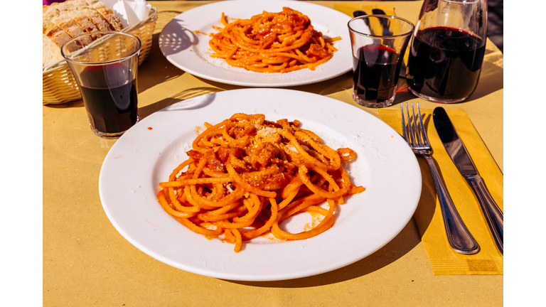 Close-up of pasta Amatriciana served in Italian restaurant, Rome, Italy
