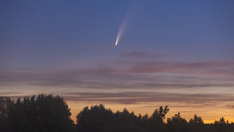 Comet Neowise C/2020 F3 at misty sunrise