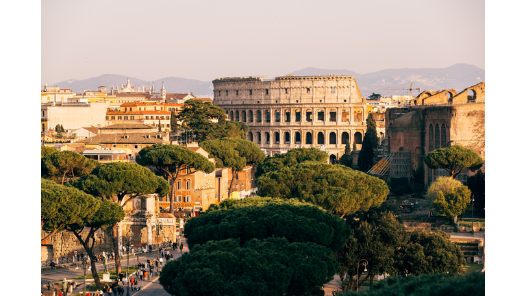 Rome skyline with Coliseum, aerial view, Lazio, Italy