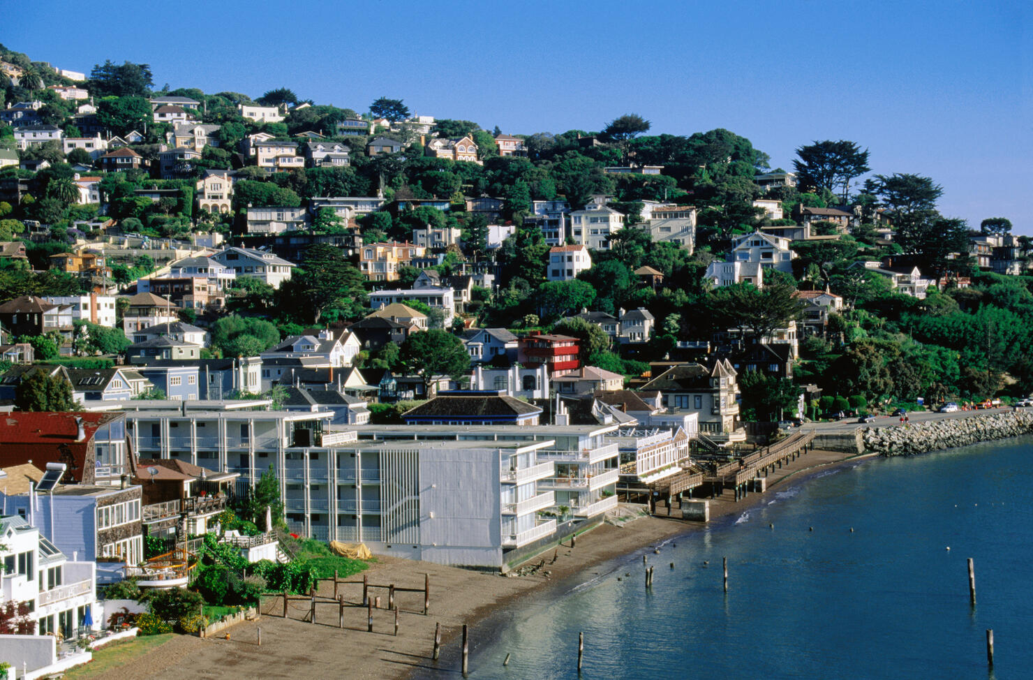 Waterfont houses at town beach, Sausalito, California, United States of America, North America