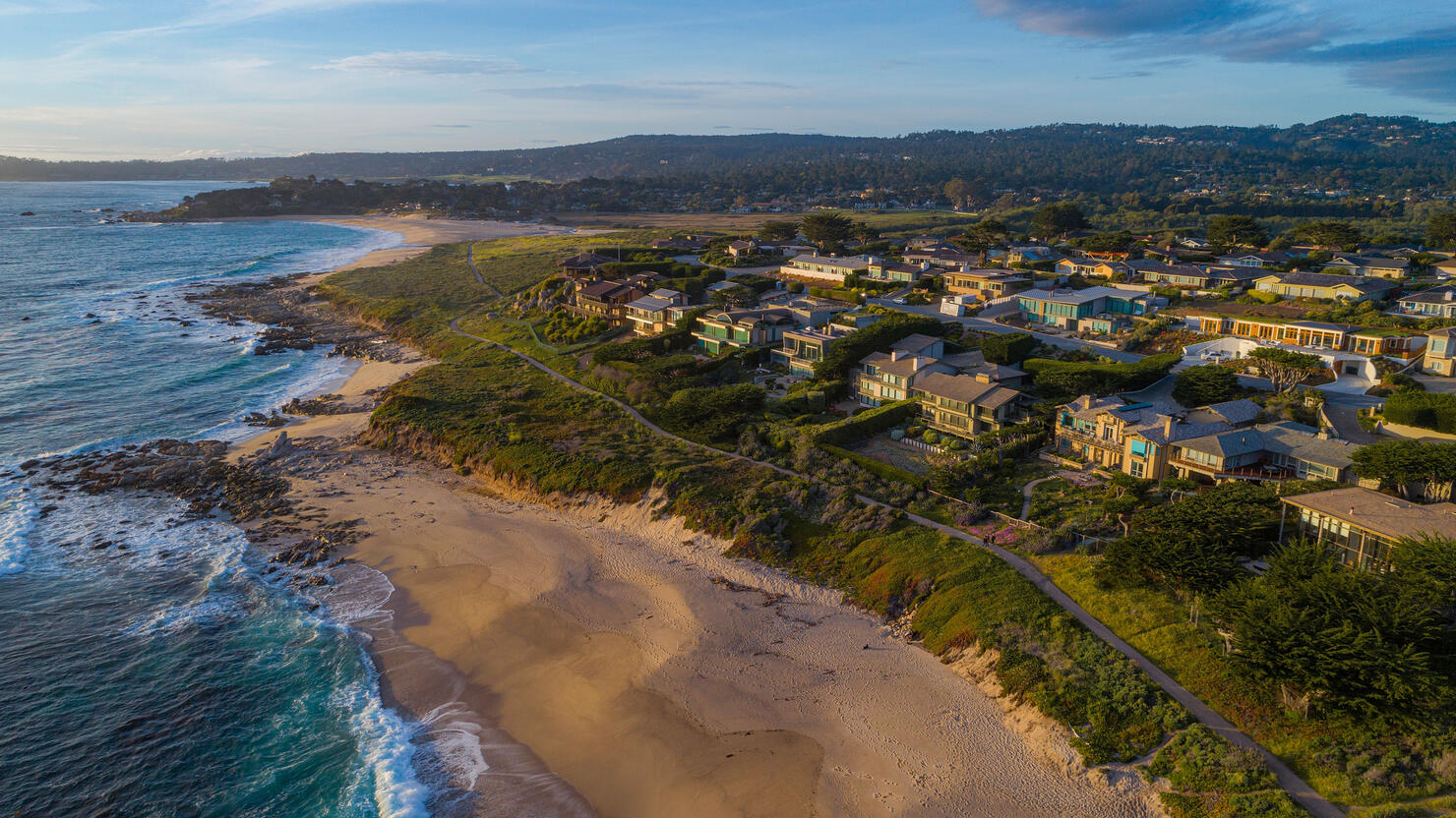 Beautiful aerial view of a beach with houses in Carmel, California