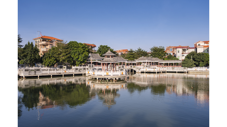 Chinese-style buildings beside the lake