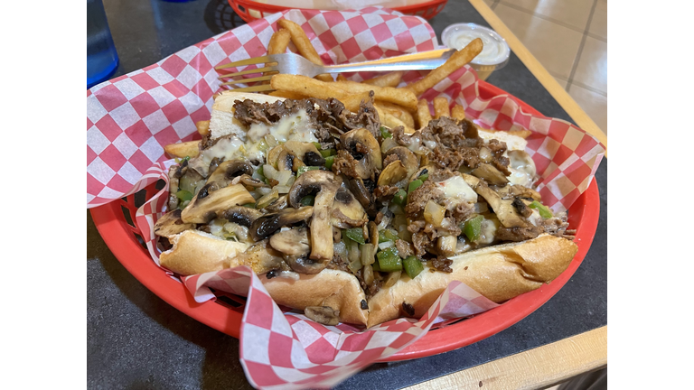 Fresh Philly cheesesteak with mushrooms and diced green peppers