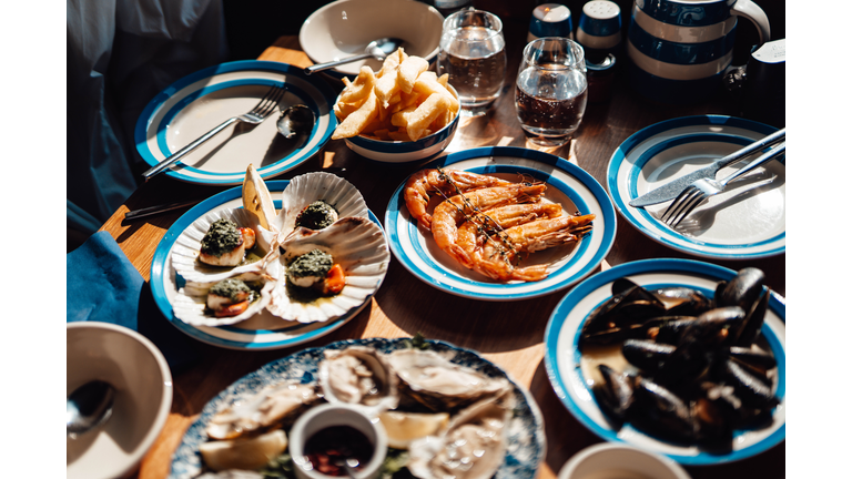 Fresh Seafood Served On The Dining Table In Restaurant