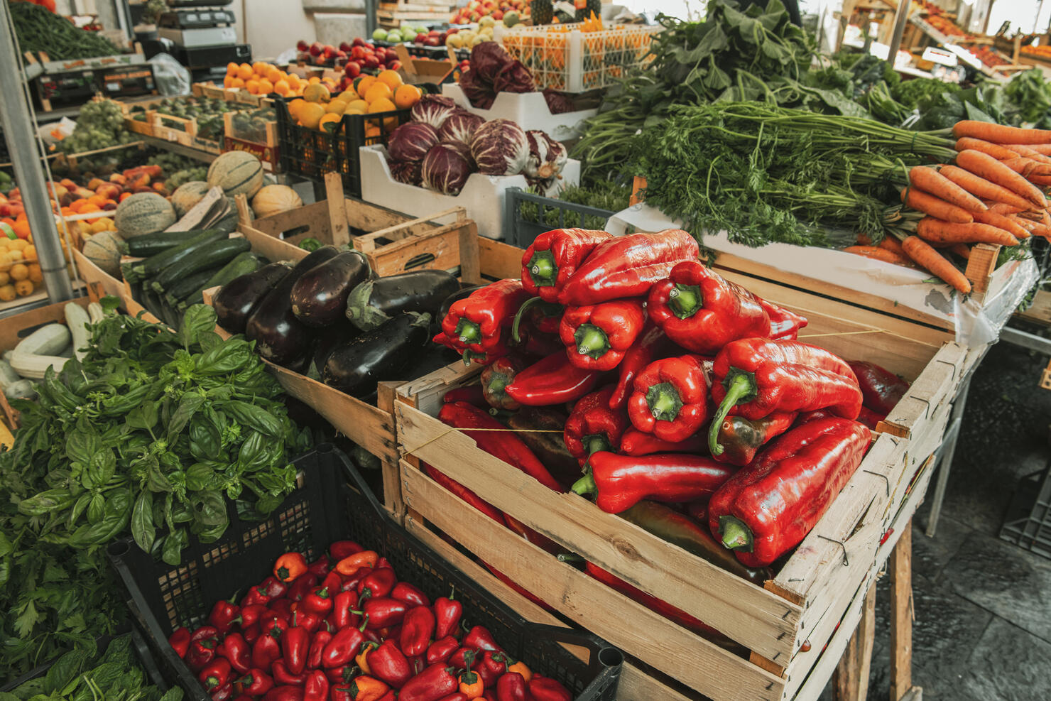 Fresh fruits and vegetables in the typical sicilian market in Ortigia island, city of Syracuse, Sicily, south Italy