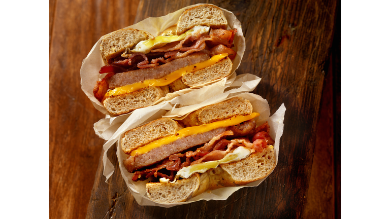 Bagel, Bacon, Sausage and Egg Breakfast Sandwich