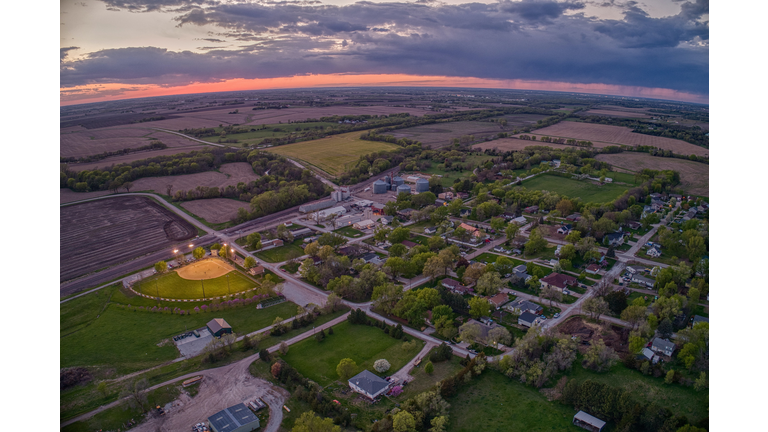 Aerial View of the small Village of Roca at Sunset in rural Nebraska