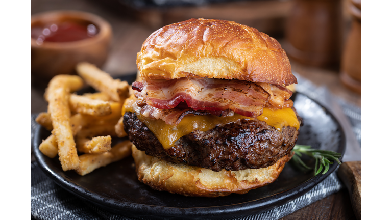 Bacon cheeseburger on a toasted bun