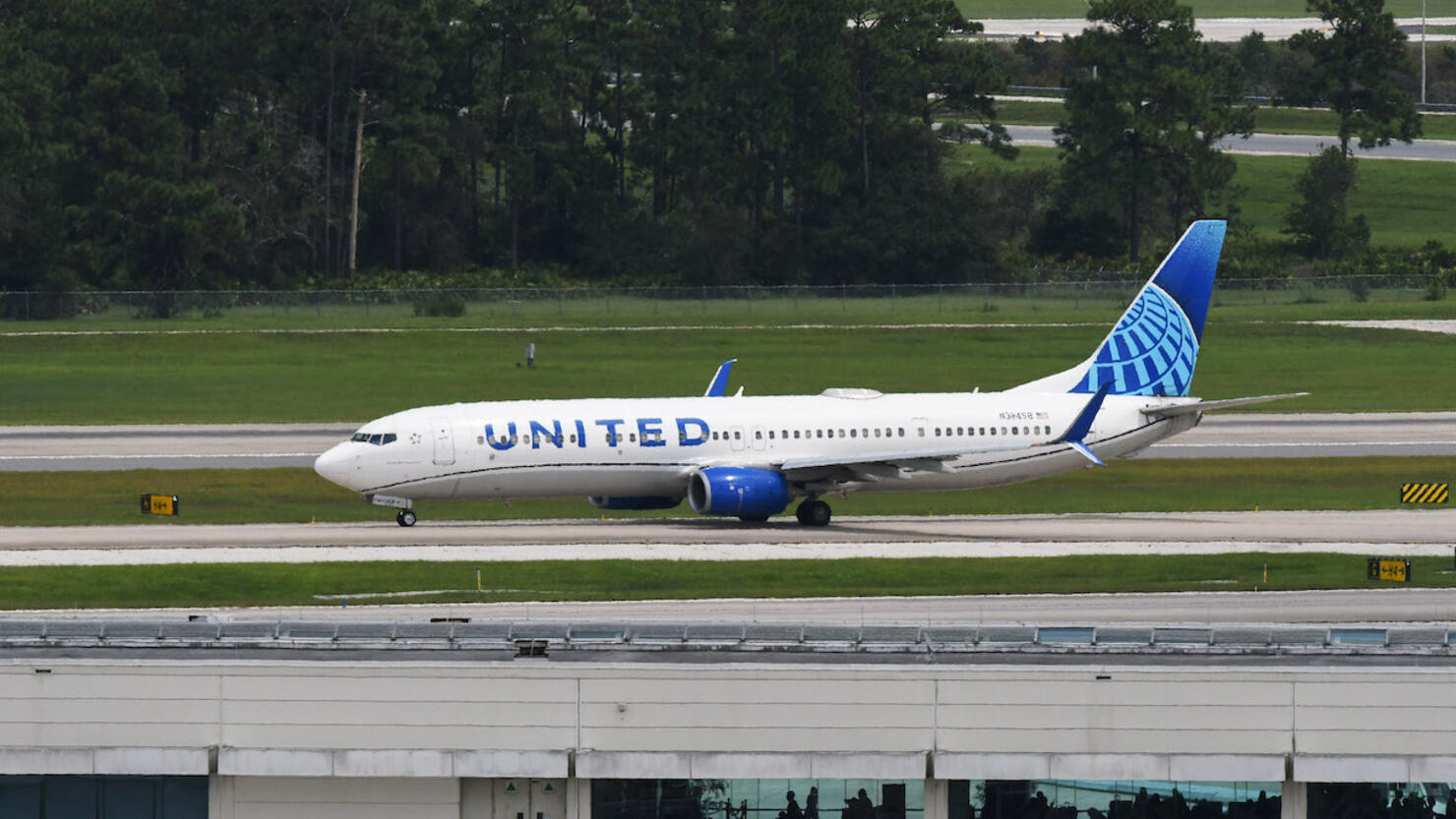 A United Airlines plane is seen taxiing on the tarmac at