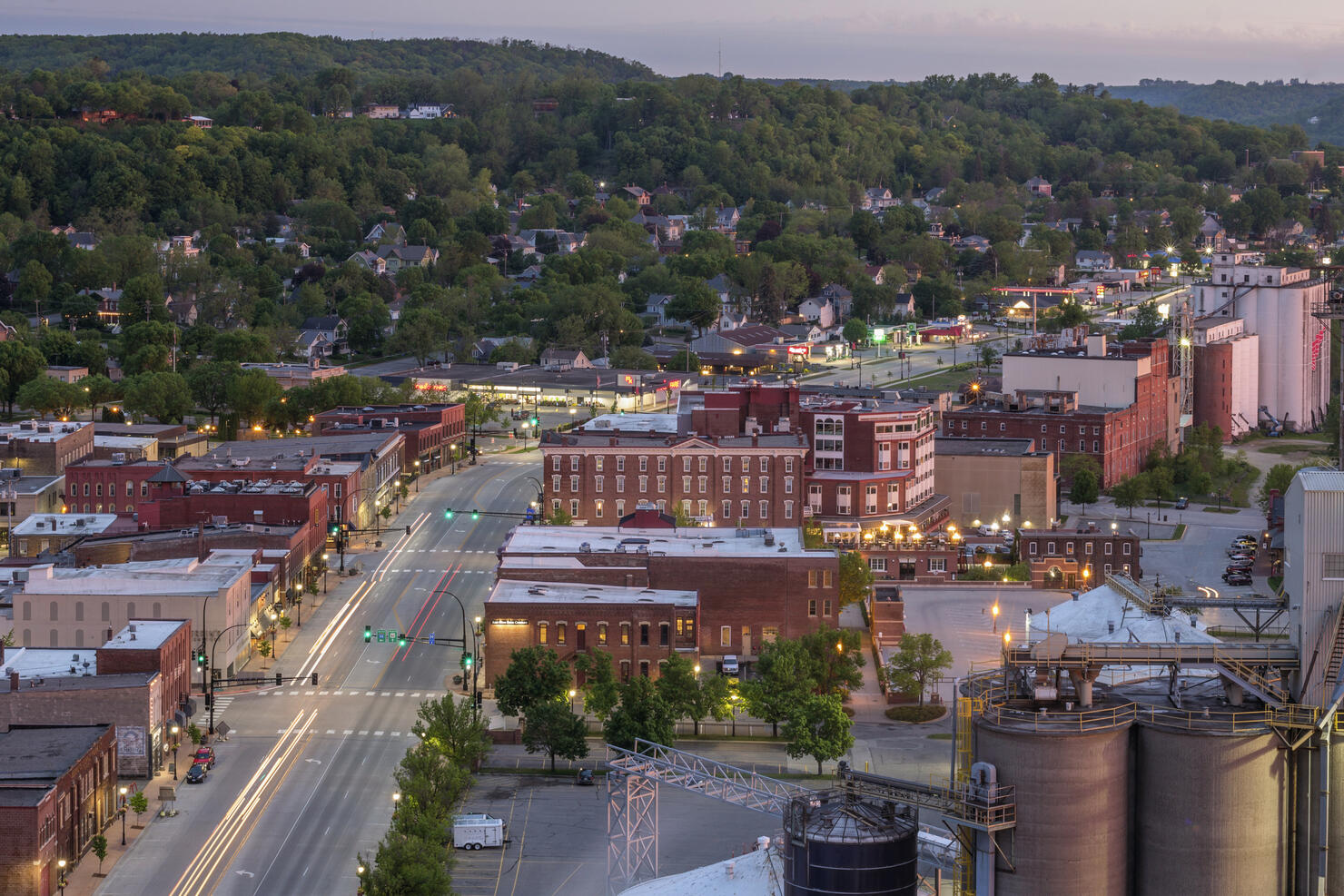 A High Angle Shot of Downtown Red Wing during Twilight