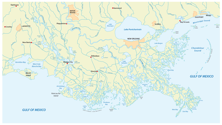 Detailed map of the Mississippi River Delta in the US state of Louisiana