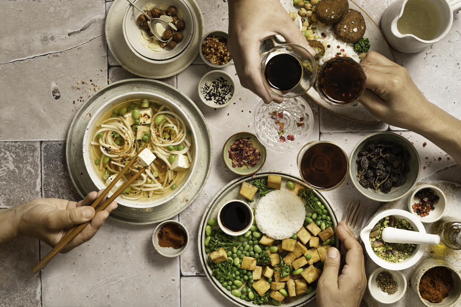 Large table view of vegan take away foods