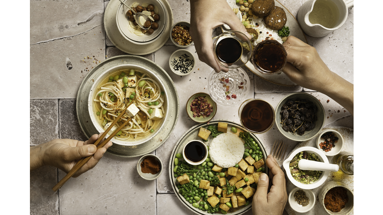 Large table view of vegan take away foods