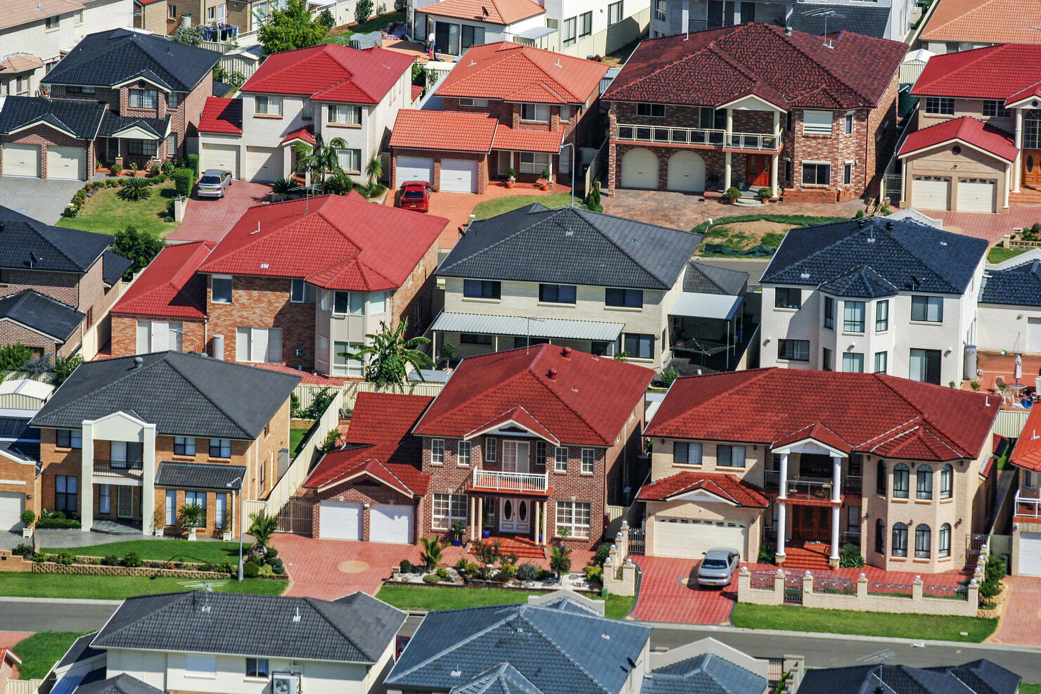 Colourful houses in suburb, suburban streets, urban sprawl, city life in Sydney, Australia, aerial photography