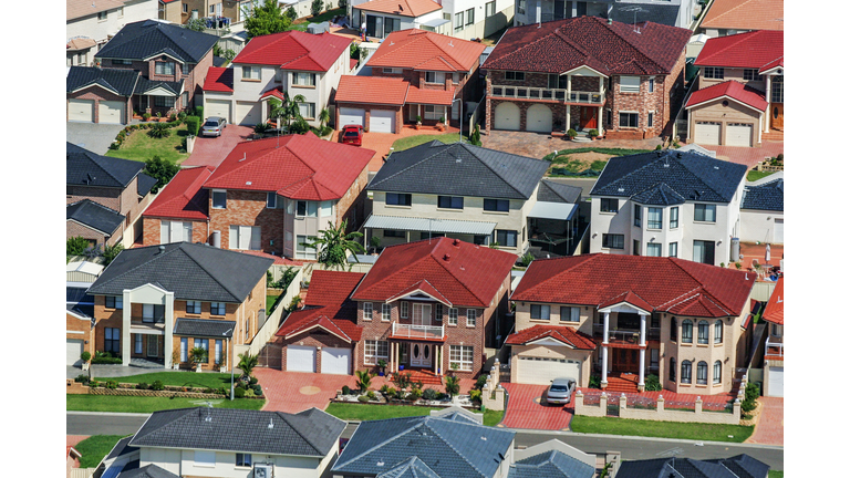 Colourful houses in suburb, suburban streets, urban sprawl, city life in Sydney, Australia, aerial photography