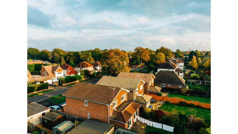 An aerial autumn view of suburban houses and gardens