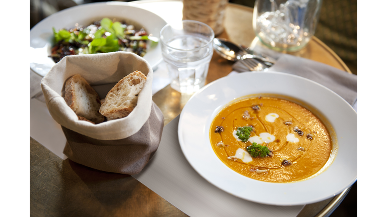 Pumpkin Squash and carrots  soup with bread and salad.