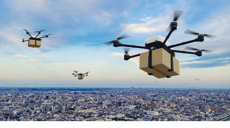 Drone delivery concept. Autonomous unmanned aerial vehicle used to transport packages. 3D rendering.