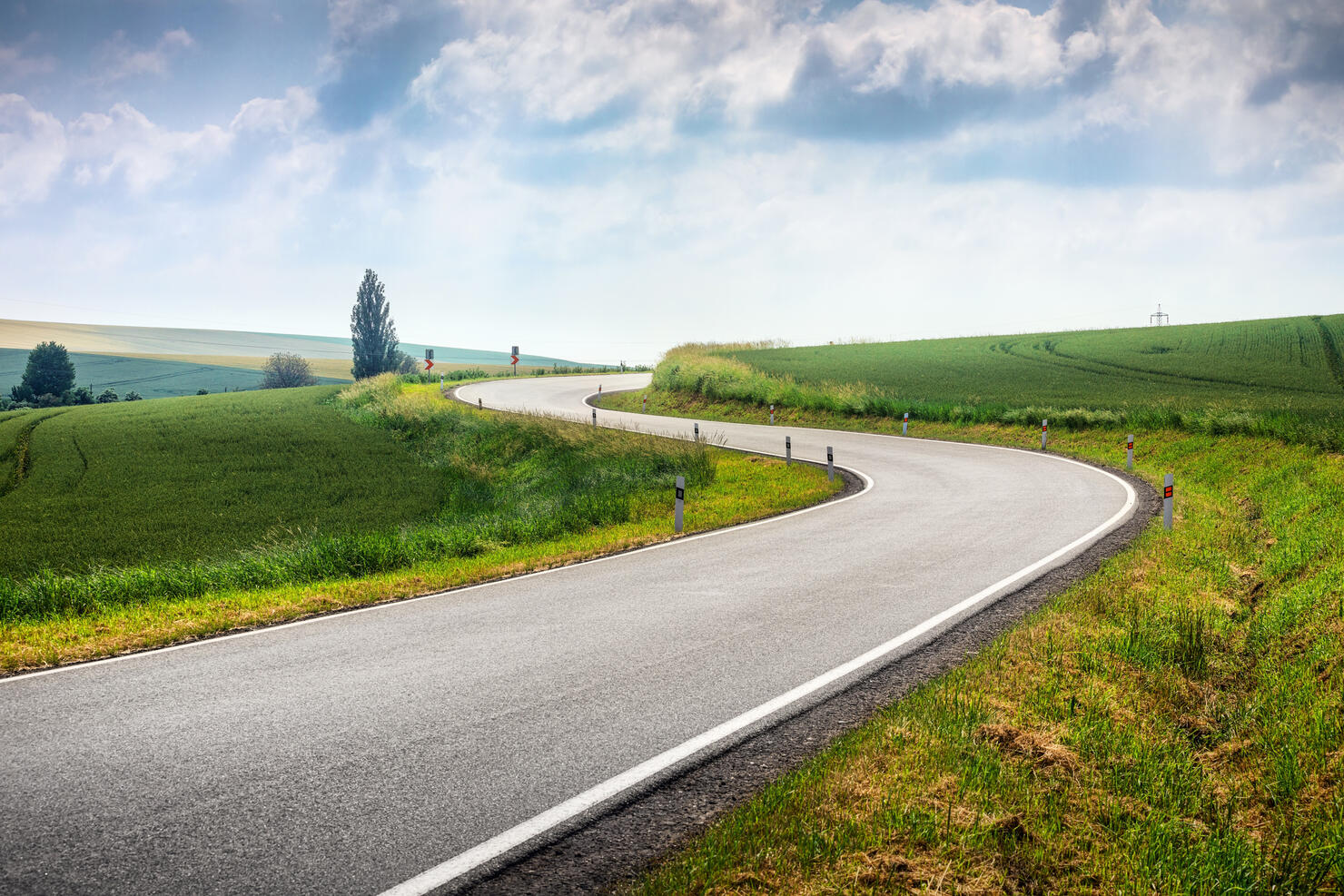 Curved S-shape road in Moravia fields