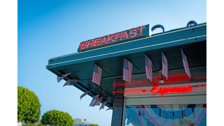 Low angle view of breakfast sign on diner, San Francisco, California, USA