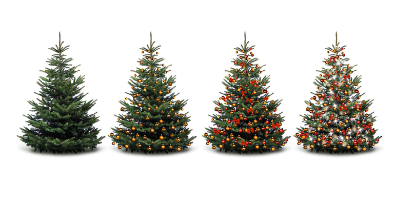 Colorfully decorated Christmas tree against a white background