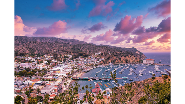 High angle view of townscape by sea against sky,Santa Catalina Island,California,United States,USA