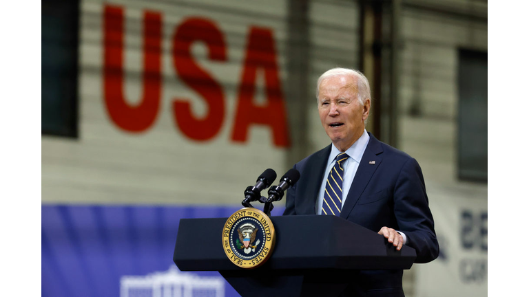 President Biden Speaks On His Bidenomics Economic Plan And Its Investment In Passenger Rail At An Amtrak Facility In Delaware