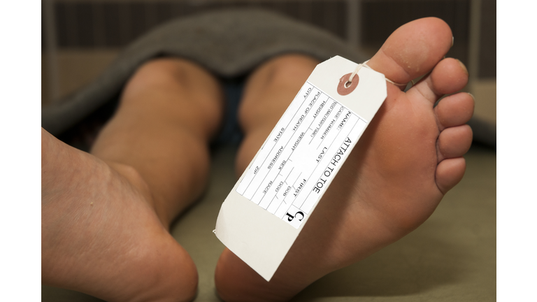 Toe tag tied to a corpse in a mortuary