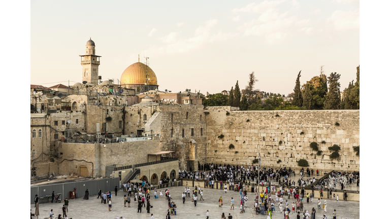 Old Town, Jewish Quarter, the Western Wall (Wailing Wall) and, on the background, the Dome of the Rock and a minaret of Temple Mount