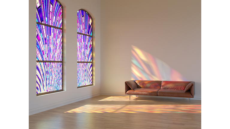 Large living room with stained glass
