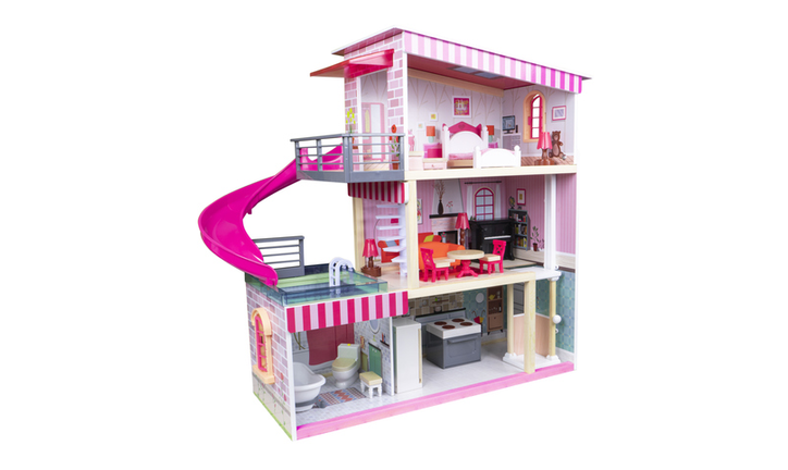 House of dolls with furniture isolated on white background. Furnished pink doll house isolated. Dollhouse. House construction with kitchen bedroom bathroom and pool interior