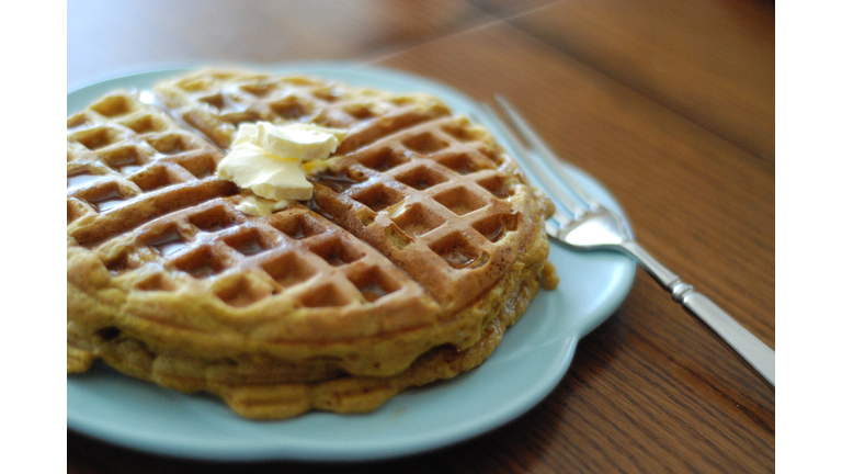 Pumpkin Waffles on Blue Plate