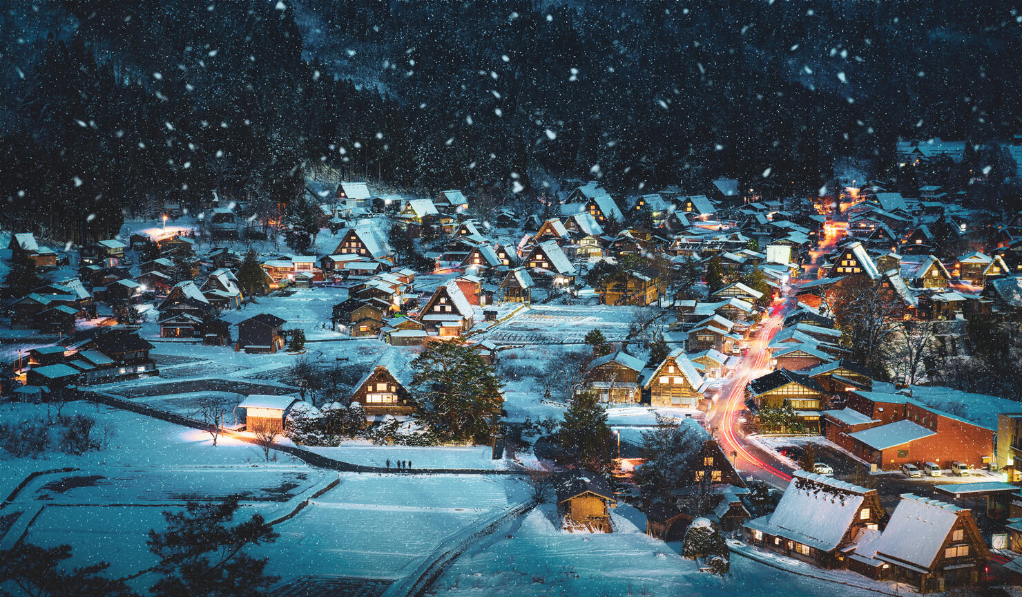 Shirakawago light-up with snowfall Gifu Chubu Japan