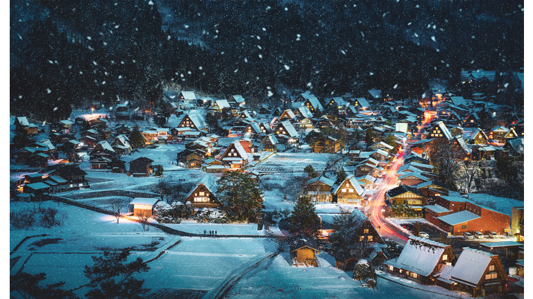 Shirakawago light-up with snowfall Gifu Chubu Japan