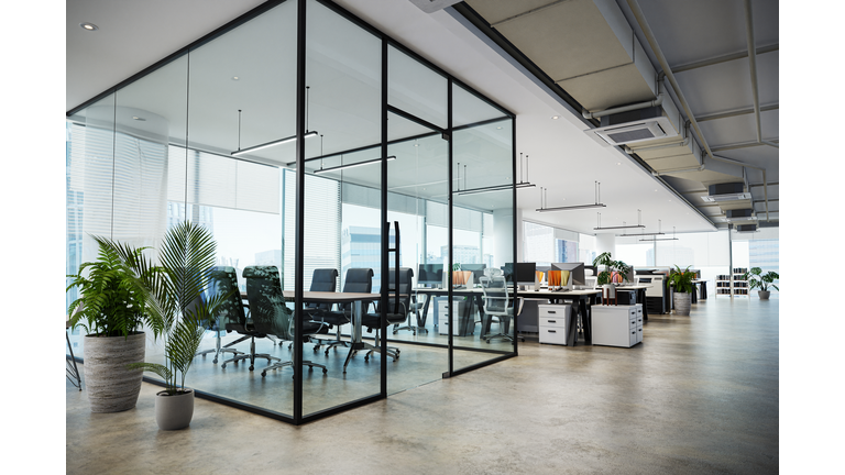 white color theme modern style office with exposed concrete floor and a lot of plant, 3d rendering