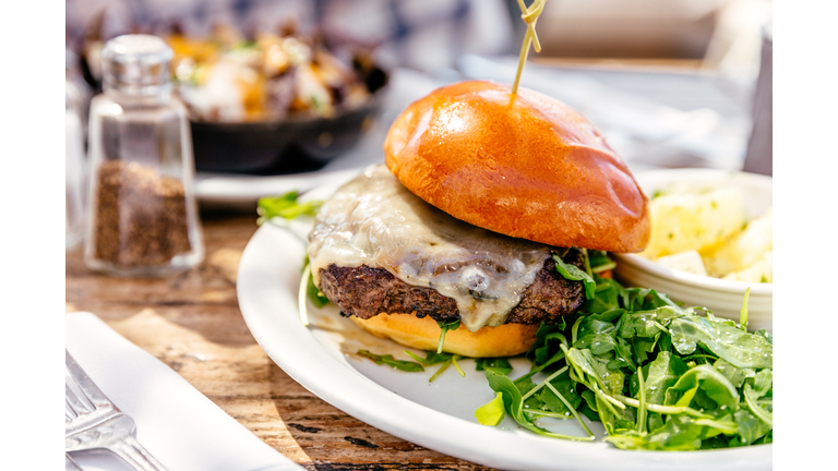 Close up of juicy beef cheeseburger with salad on the plate