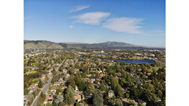 High angle view of townscape against sky,Fremont,California,United States,USA