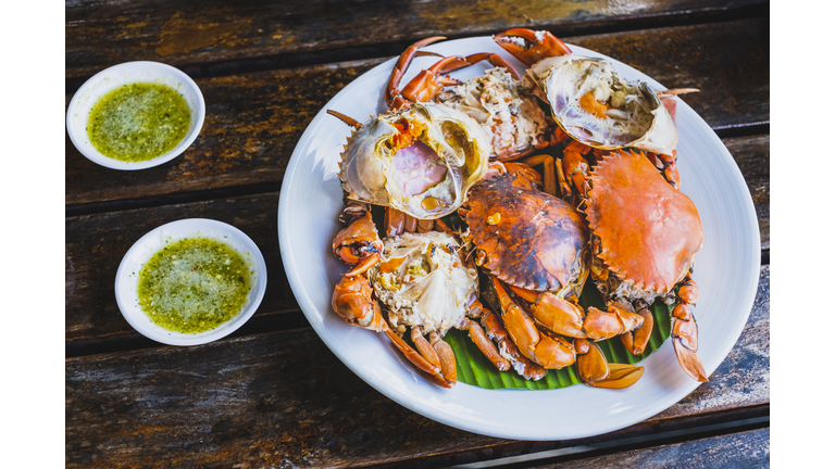 High Angle View Of Steamed Egg Crab With Spicy Sauce, Thailand Seafood