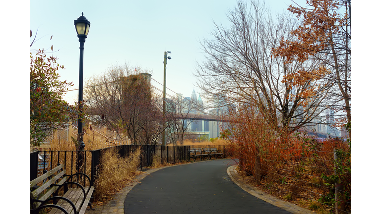 Alley of Main Street Park on the background of famous Brooklyn bridge in New York in winter day.
