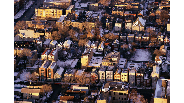 Aerial view of wintry Chicago suburbs