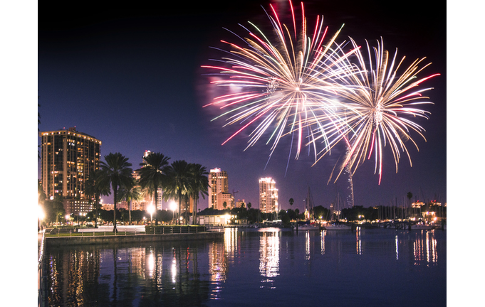 st petersburg skyline with fireworks in florida