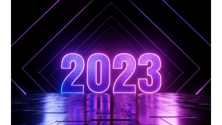 Futuristic Neon Light 2023 Text on Abstract Reflective Floor